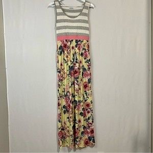 Egs California Women’s Sleeveless Floral Stripe Maxi Dress Yellow & Grey NWOT